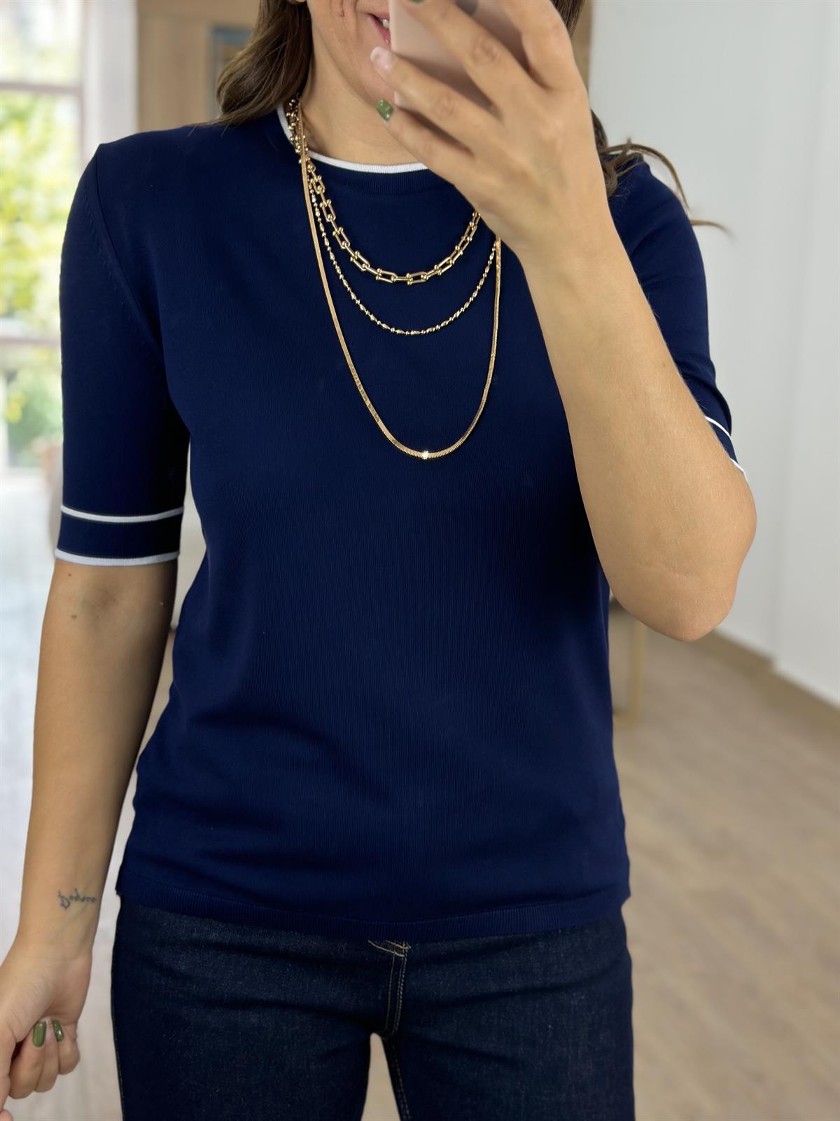Bisiklet Yaka Çizgi Detaylı Merserize Triko-Lacivert