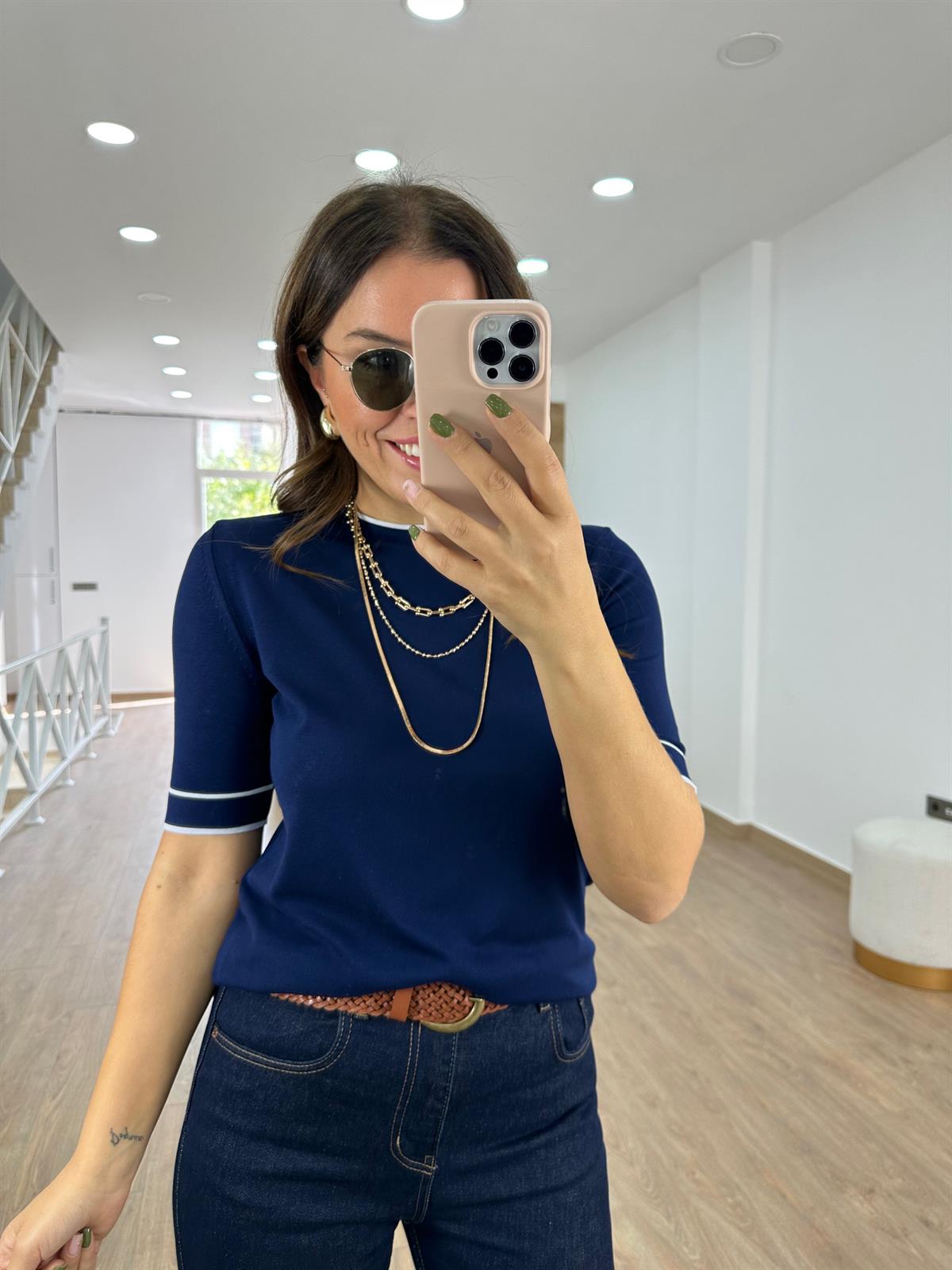 Bisiklet Yaka Çizgi Detaylı Merserize Triko-Lacivert