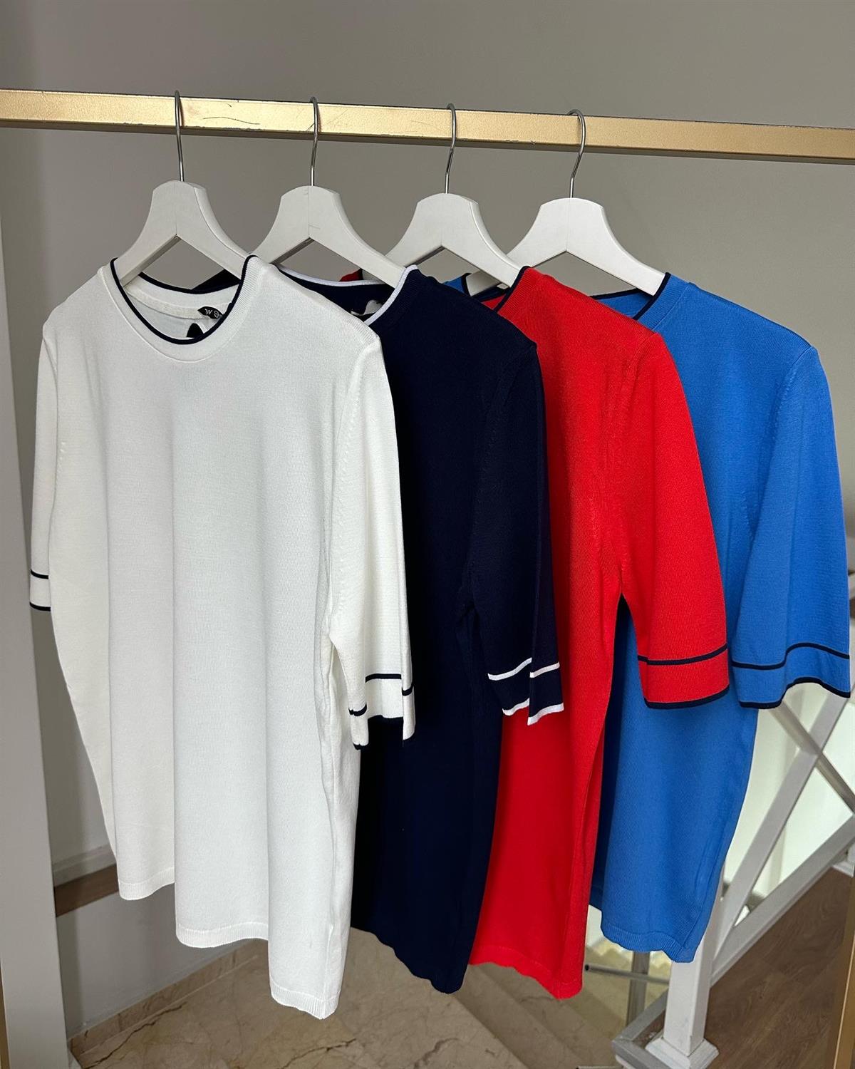 Bisiklet Yaka Çizgi Detaylı Merserize Triko-Beyaz