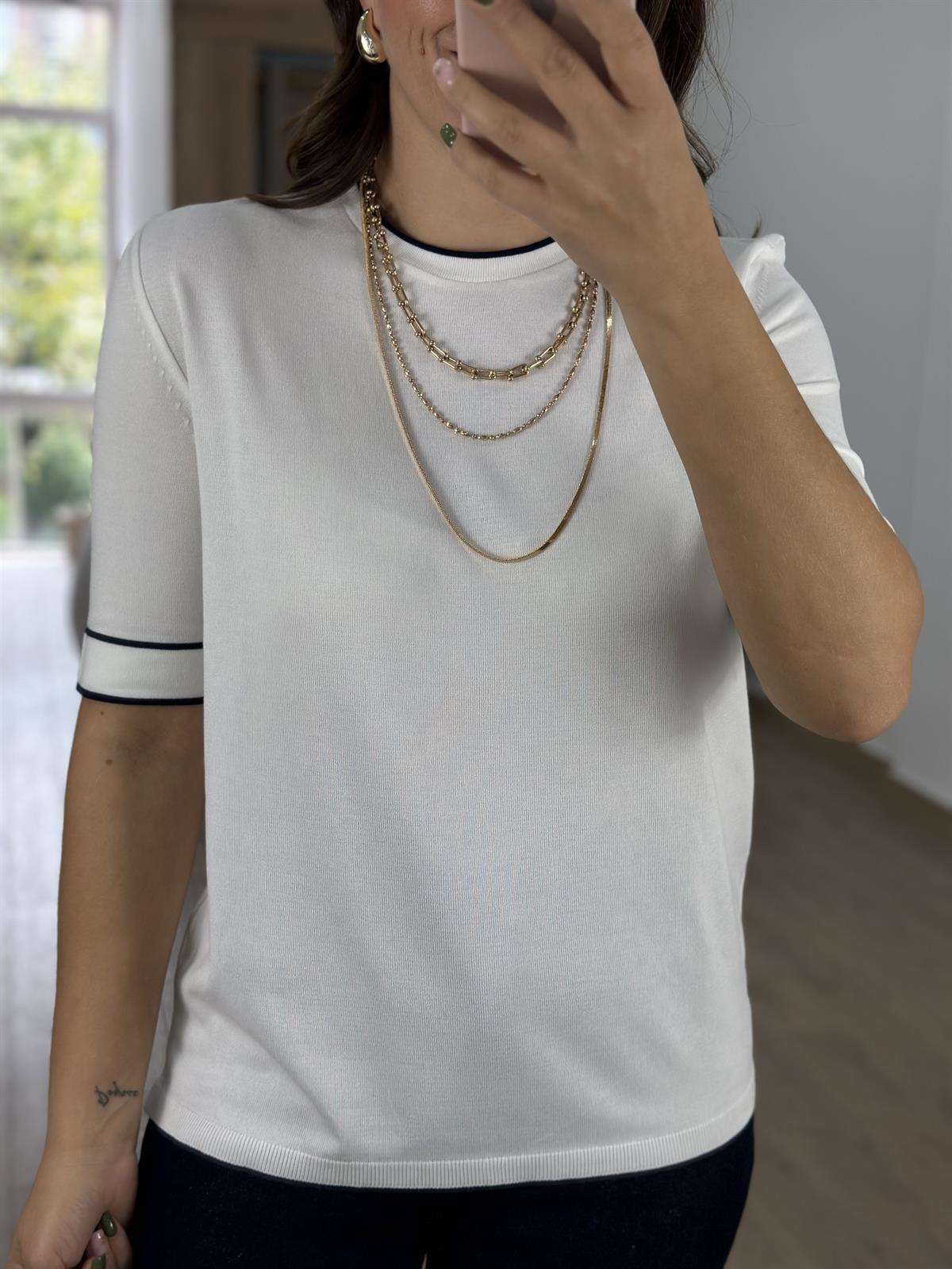 Bisiklet Yaka Çizgi Detaylı Merserize Triko-Beyaz