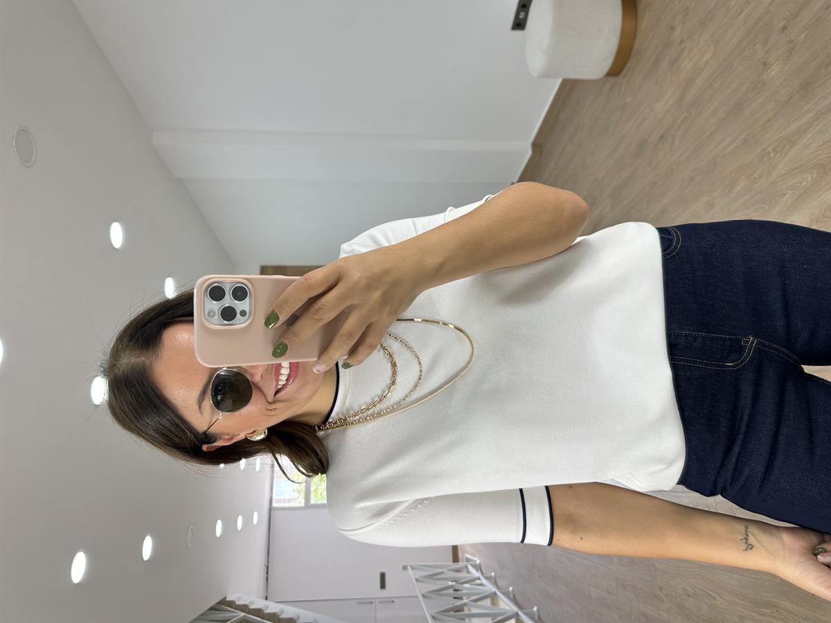 Bisiklet Yaka Çizgi Detaylı Merserize Triko-Beyaz