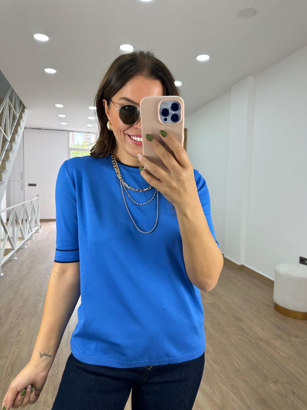 Bisiklet Yaka Çizgi Detaylı Merserize Triko-Mavi