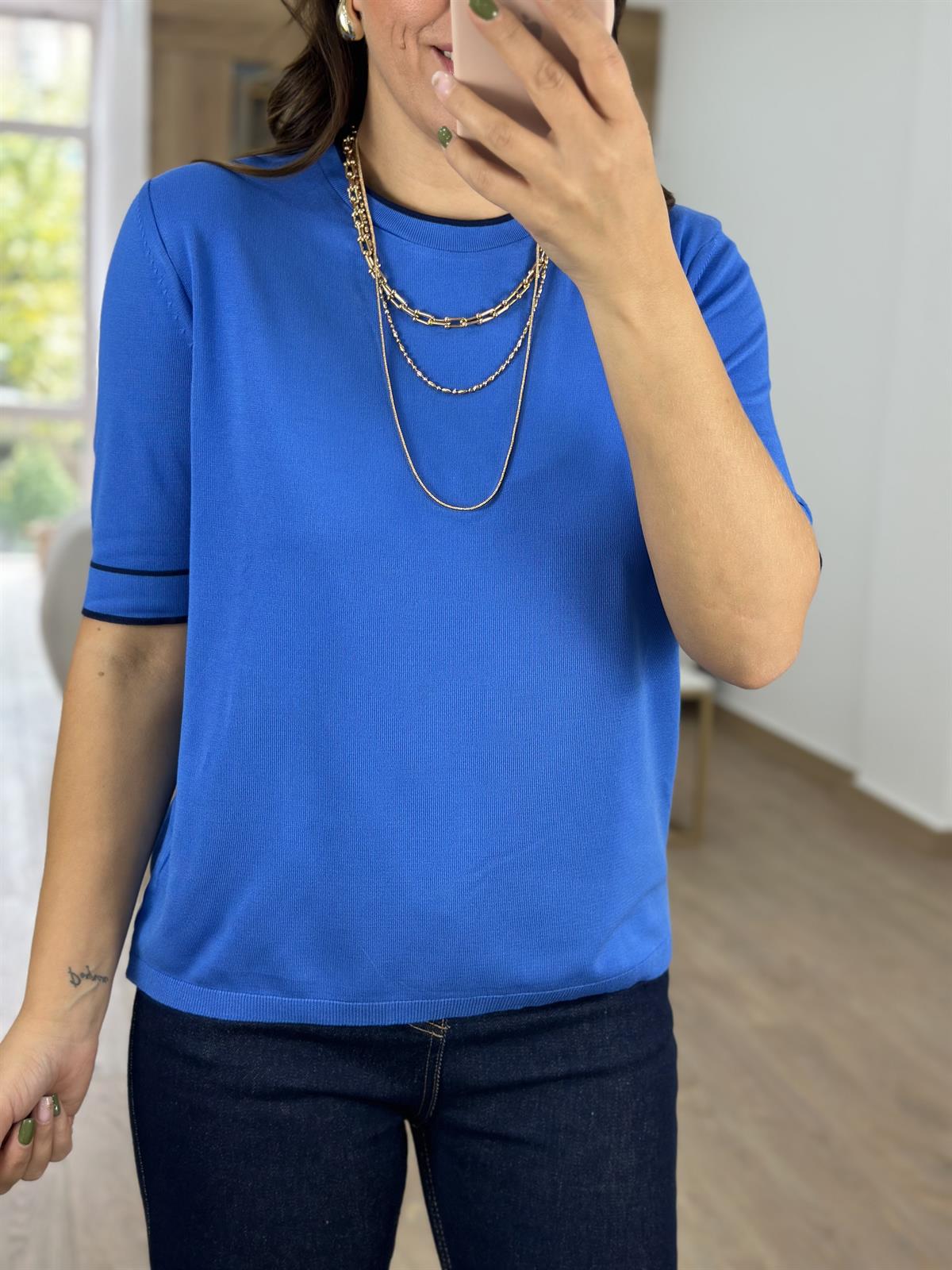 Bisiklet Yaka Çizgi Detaylı Merserize Triko-Mavi