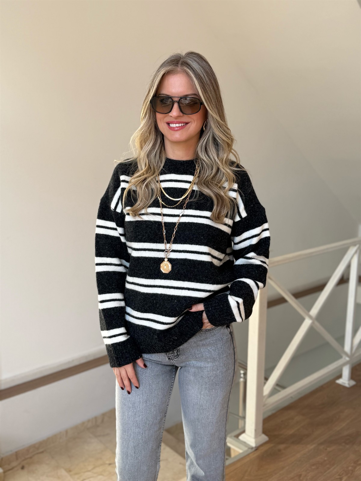 Bisiklet Yaka Çizgili Kazak - Antrasit