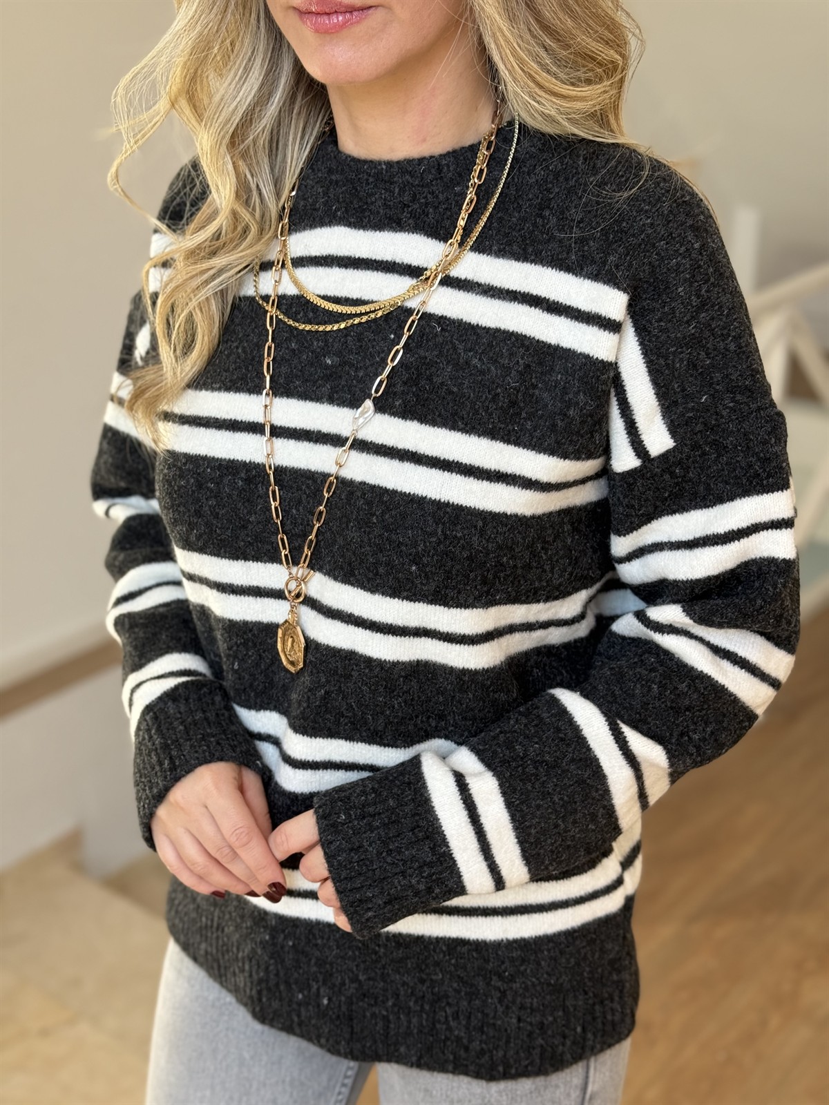 Bisiklet Yaka Çizgili Kazak - Antrasit