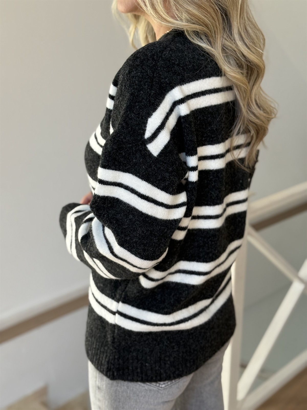 Bisiklet Yaka Çizgili Kazak - Antrasit