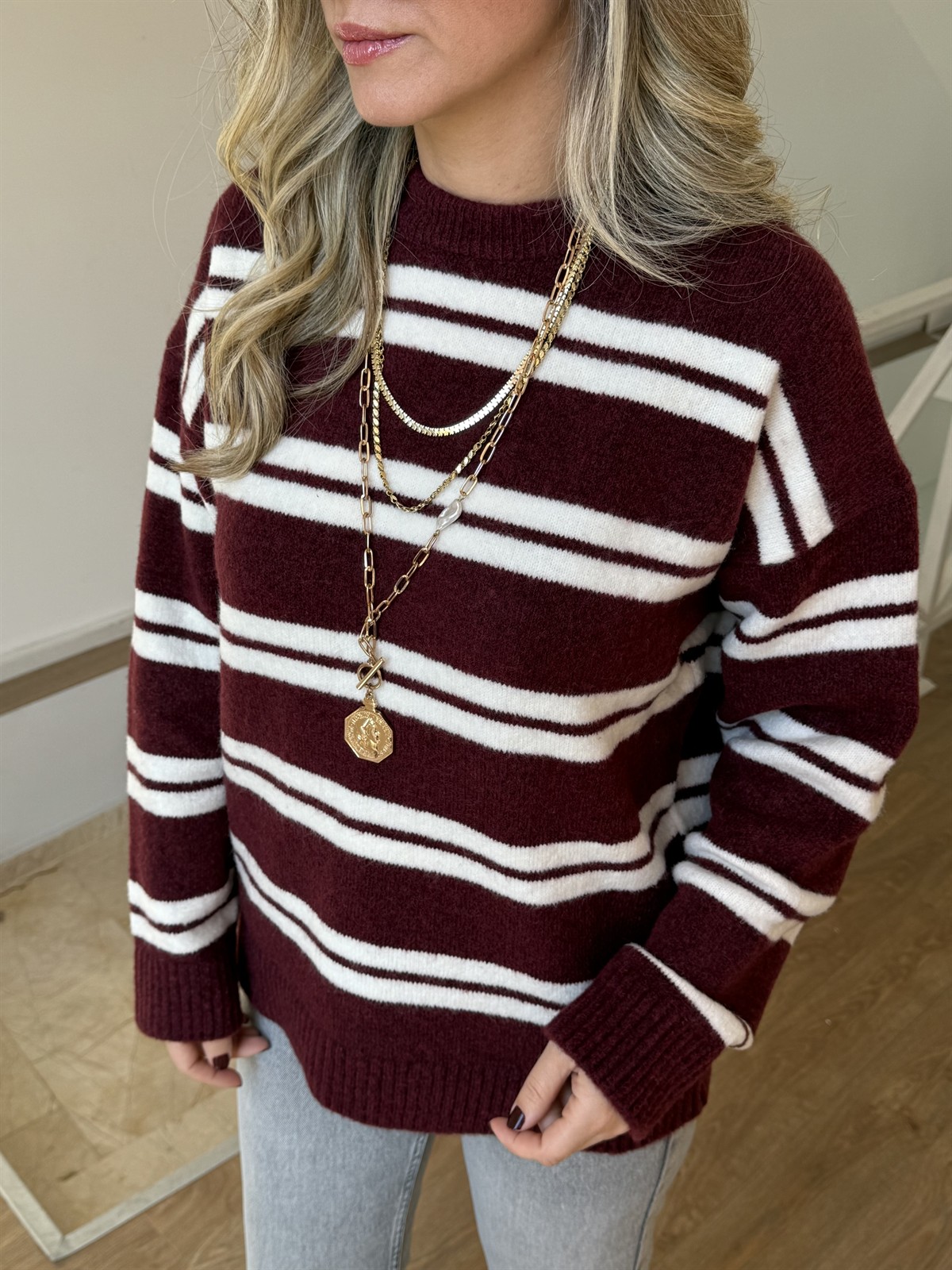 Bisiklet Yaka Çizgili Kazak - Bordo