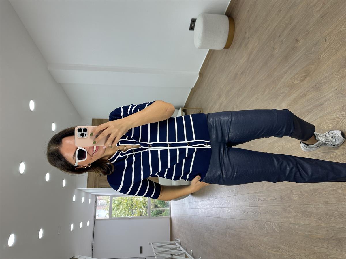 Bisiklet Yaka Çizgili Triko Hırka - Lacivert