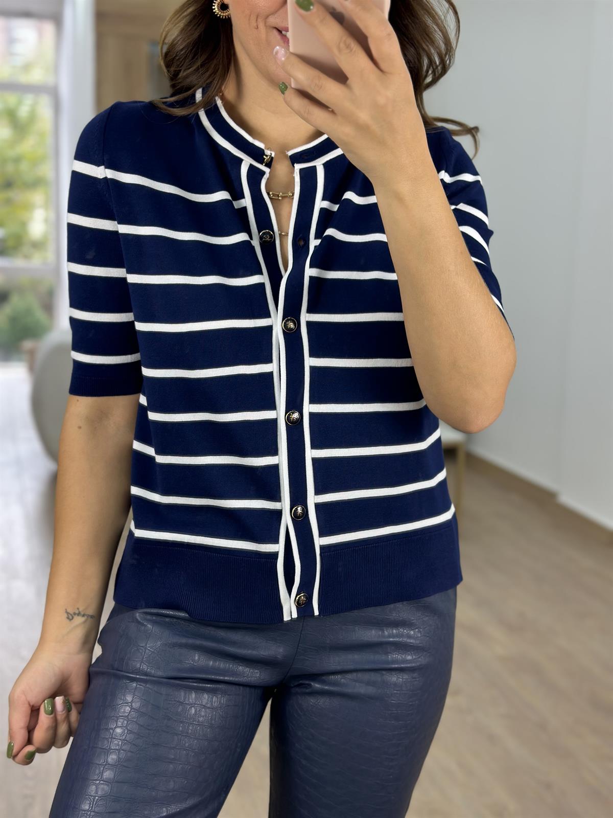 Bisiklet Yaka Çizgili Triko Hırka - Lacivert