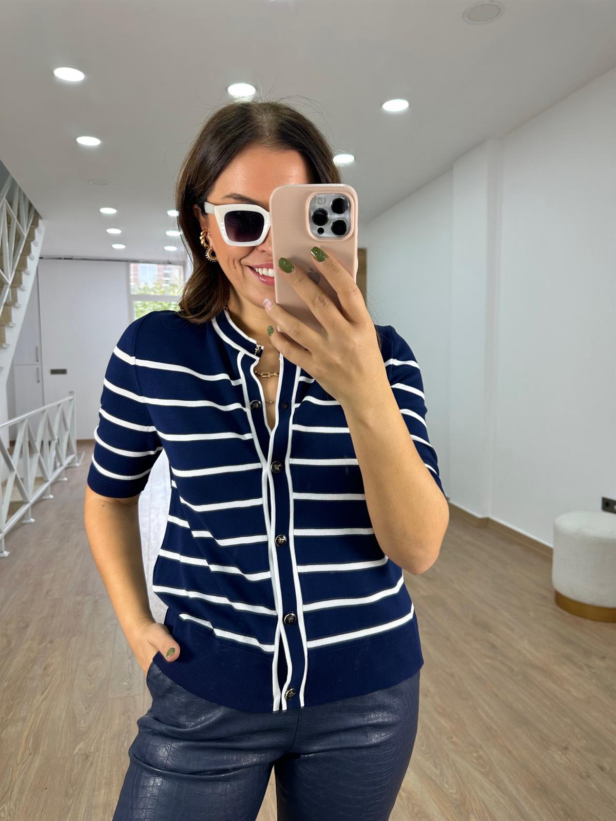 Bisiklet Yaka Çizgili Triko Hırka - Lacivert