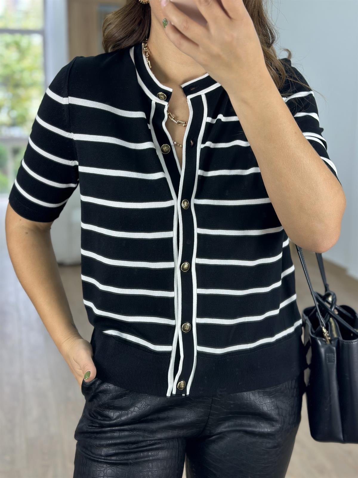 Bisiklet Yaka Çizgili Triko Hırka-Siyah