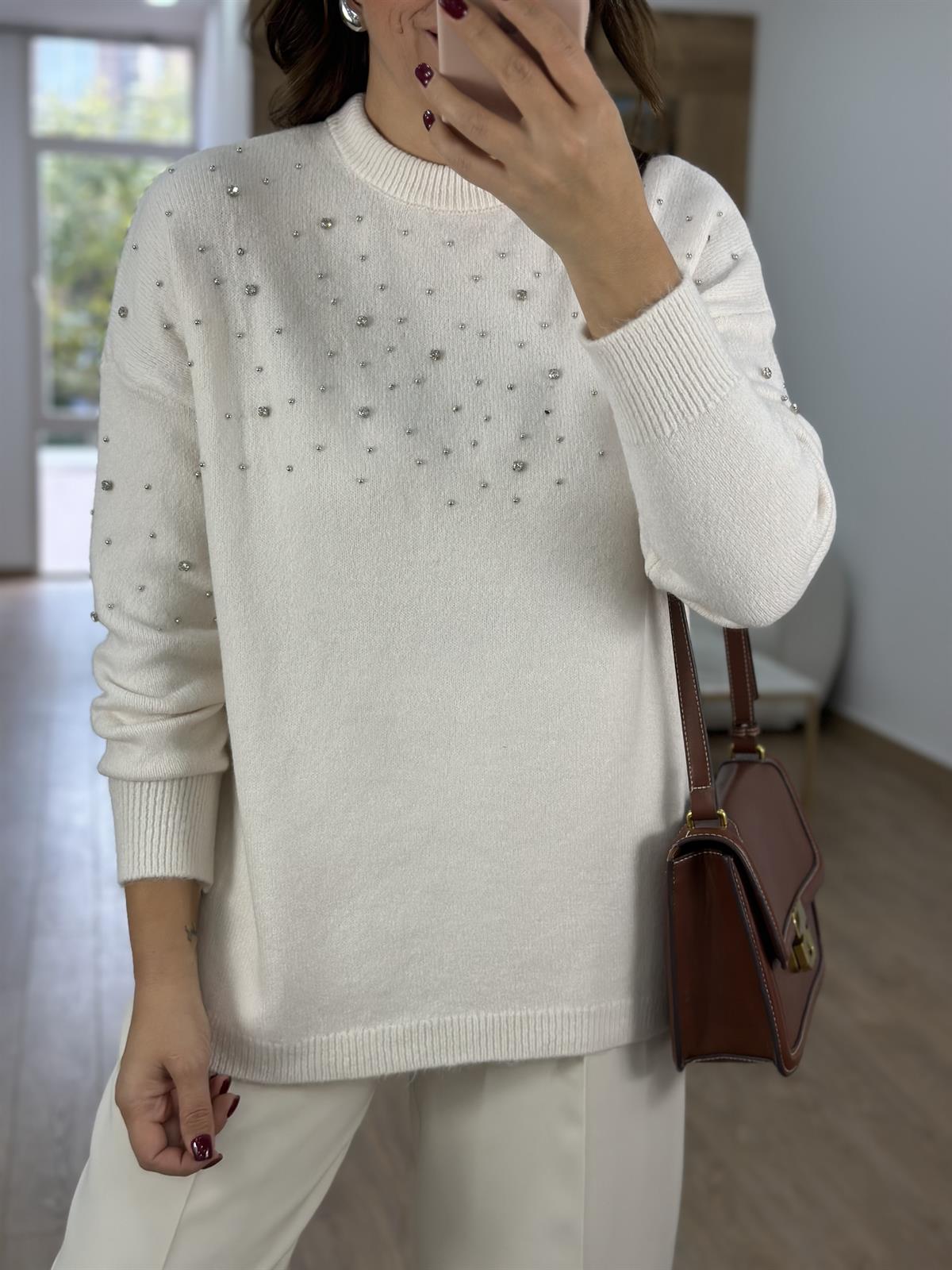 Bisiklet Yaka Dağınık Taşlı Kazak-Ekru