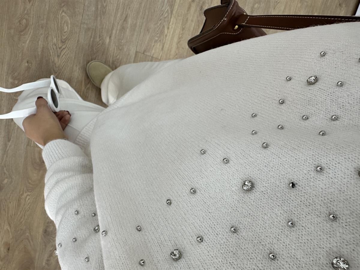 Bisiklet Yaka Dağınık Taşlı Kazak-Ekru