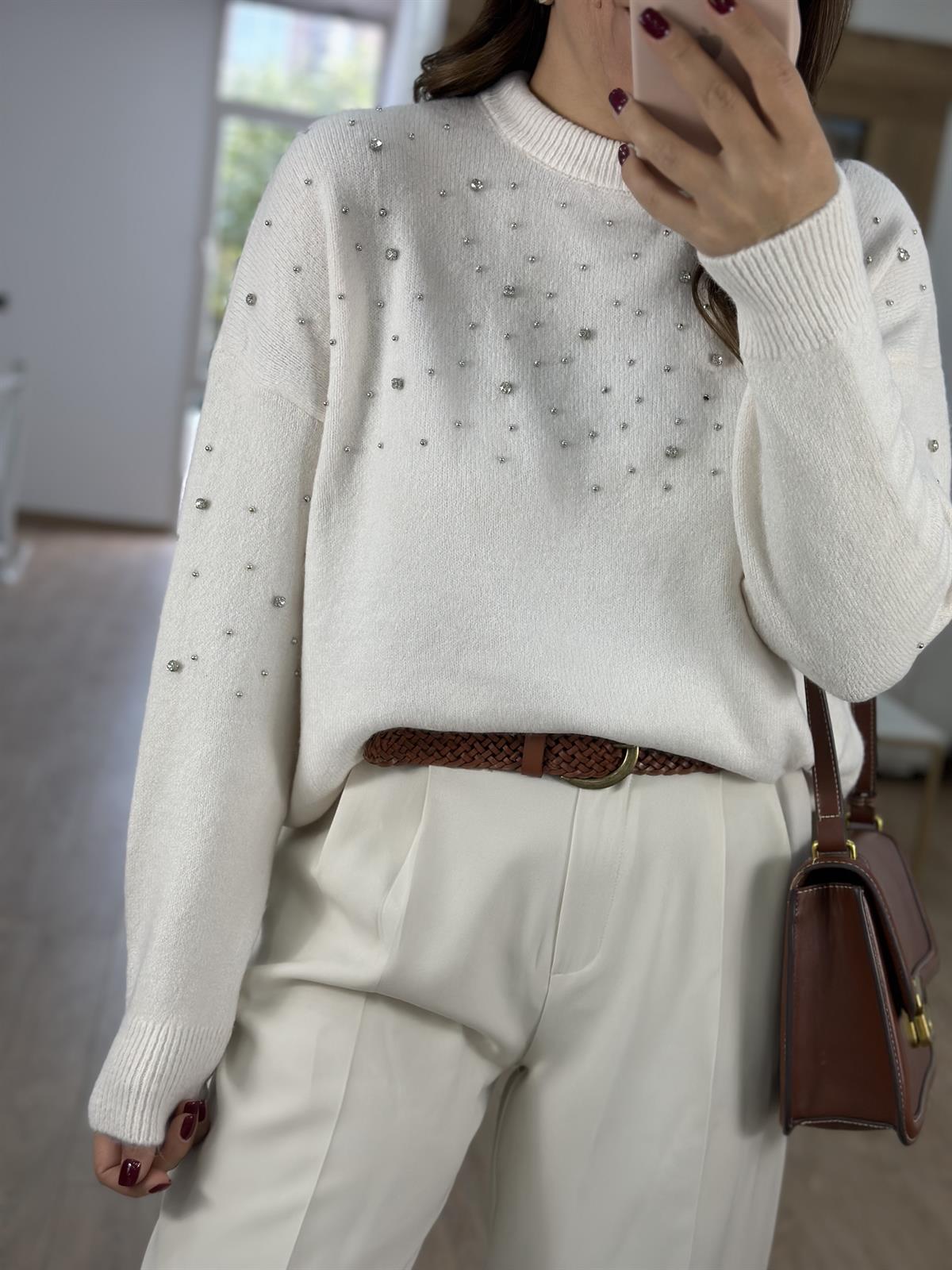 Bisiklet Yaka Dağınık Taşlı Kazak-Ekru