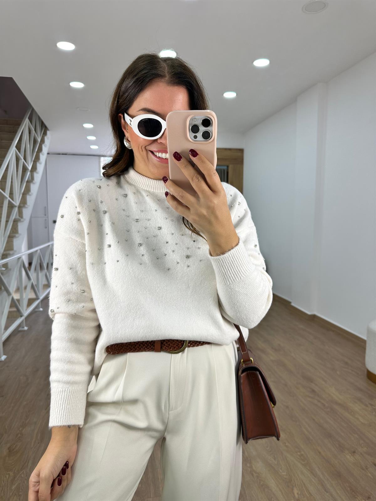 Bisiklet Yaka Dağınık Taşlı Kazak-Ekru