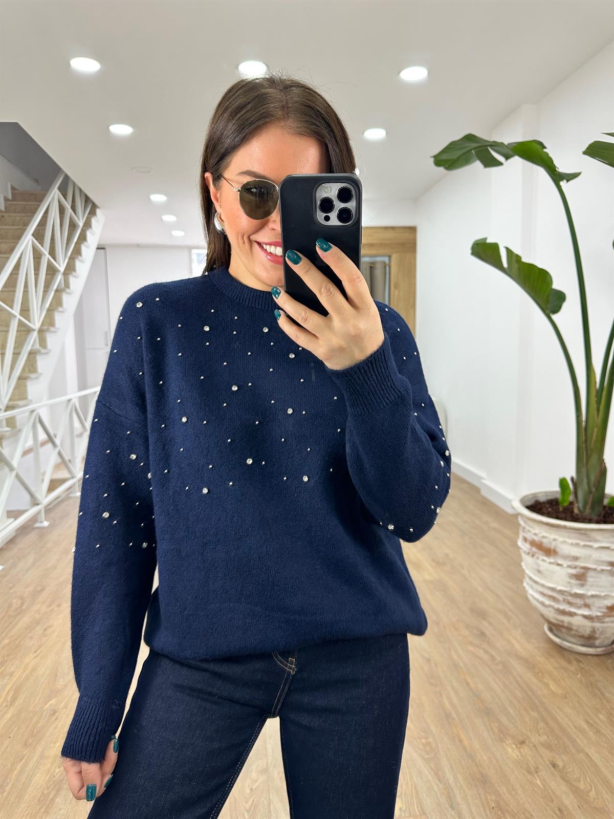 Bisiklet Yaka Dağınık Taşlı Kazak-Lacivert