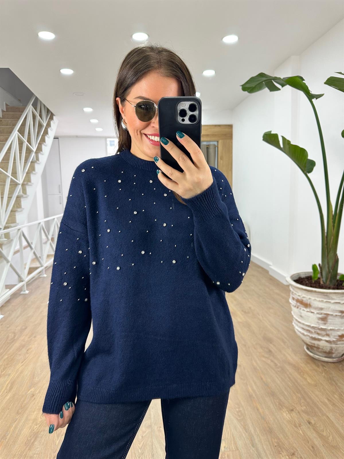 Bisiklet Yaka Dağınık Taşlı Kazak-Lacivert