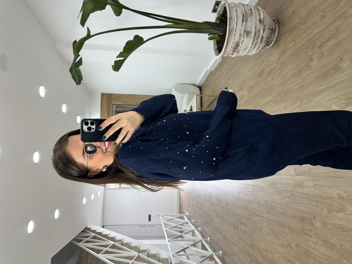 Bisiklet Yaka Dağınık Taşlı Kazak-Lacivert