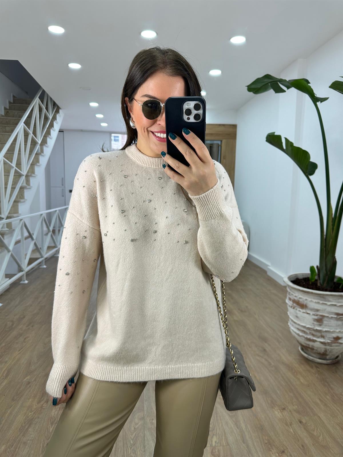 Bisiklet Yaka Dağınık Taşlı Kazak-Vanilya