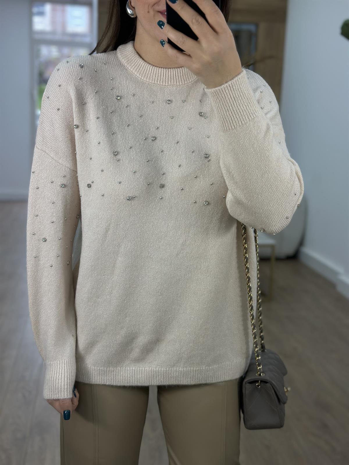 Bisiklet Yaka Dağınık Taşlı Kazak-Vanilya