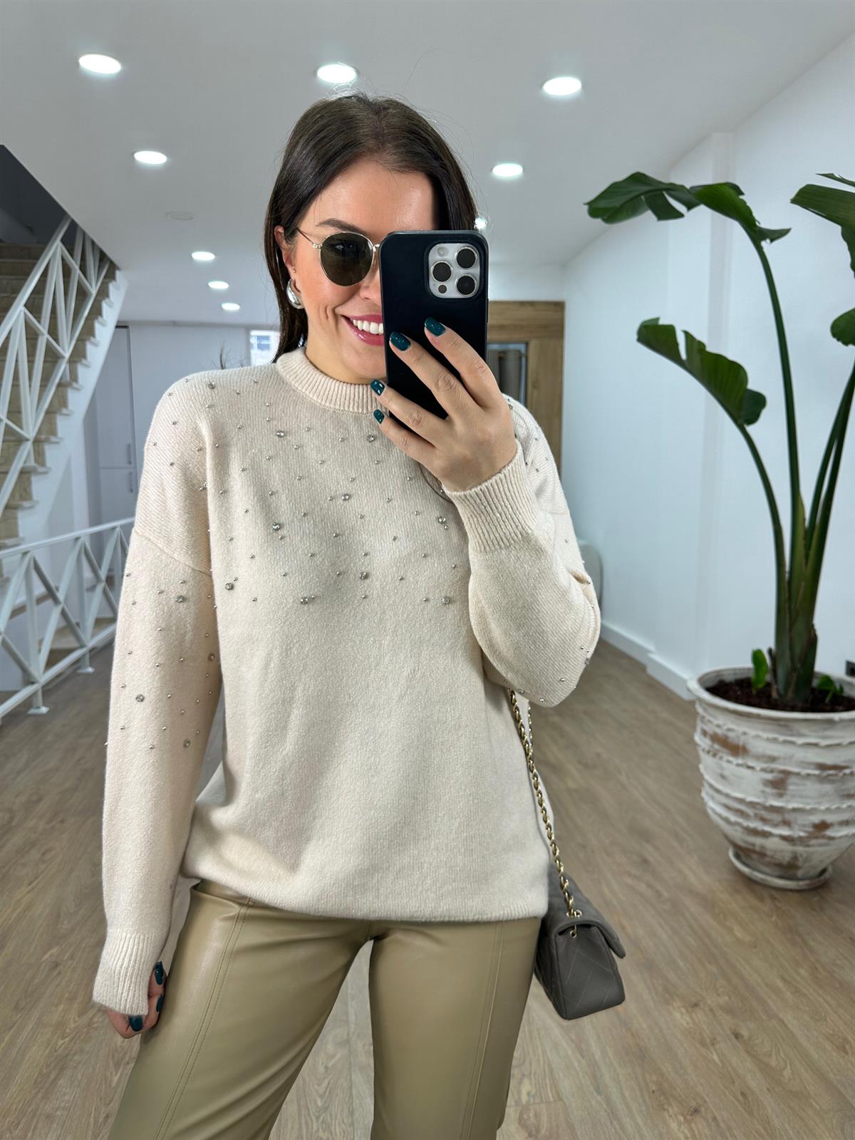 Bisiklet Yaka Dağınık Taşlı Kazak-Vanilya