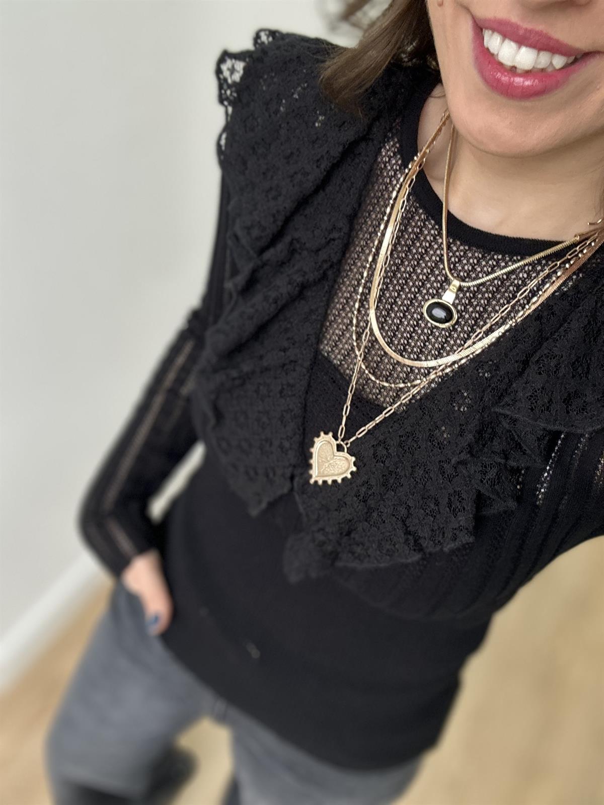 Bisiklet Yaka Dantel Fırfırlı Bluz - Siyah