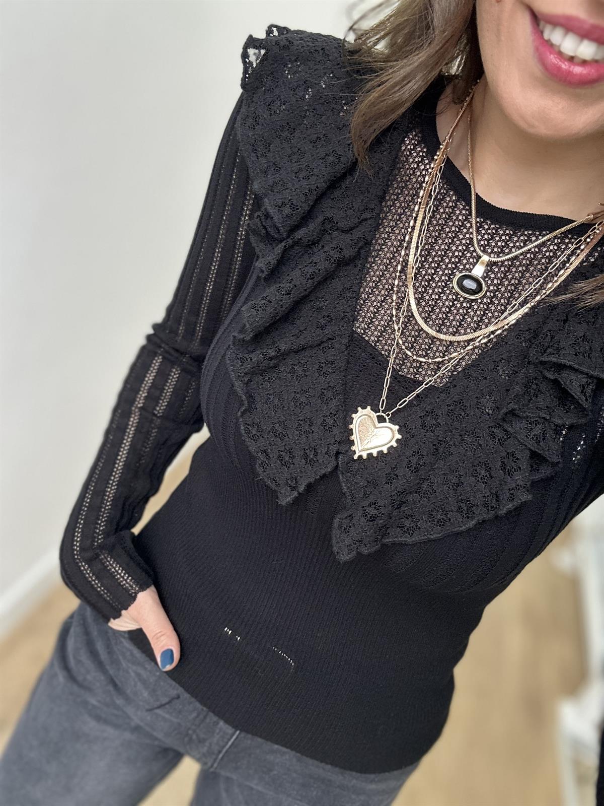 Bisiklet Yaka Dantel Fırfırlı Bluz - Siyah