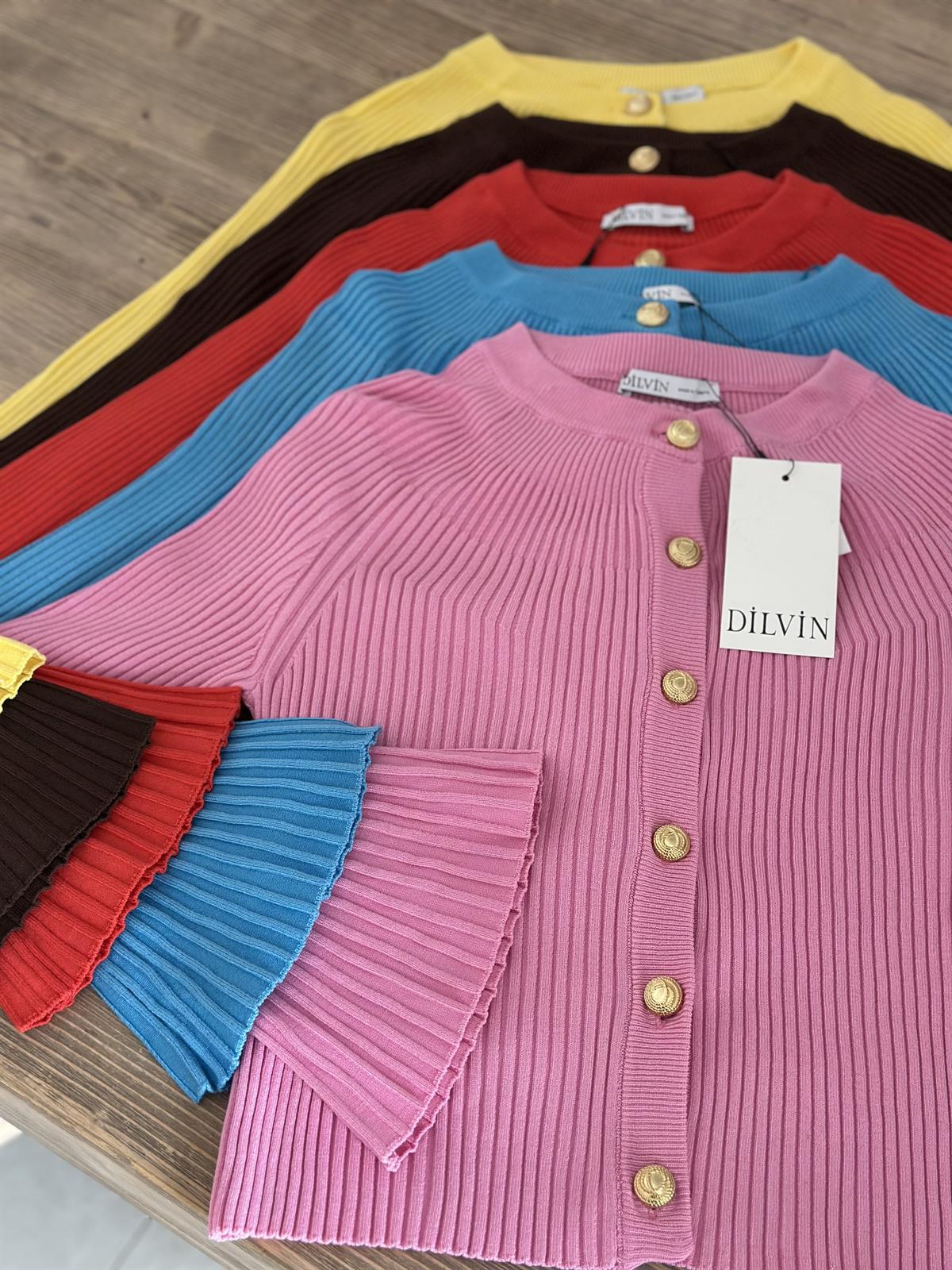 Bisiklet Yaka Düğmeli İspanyol Kol Triko Hırka - Kırmızı