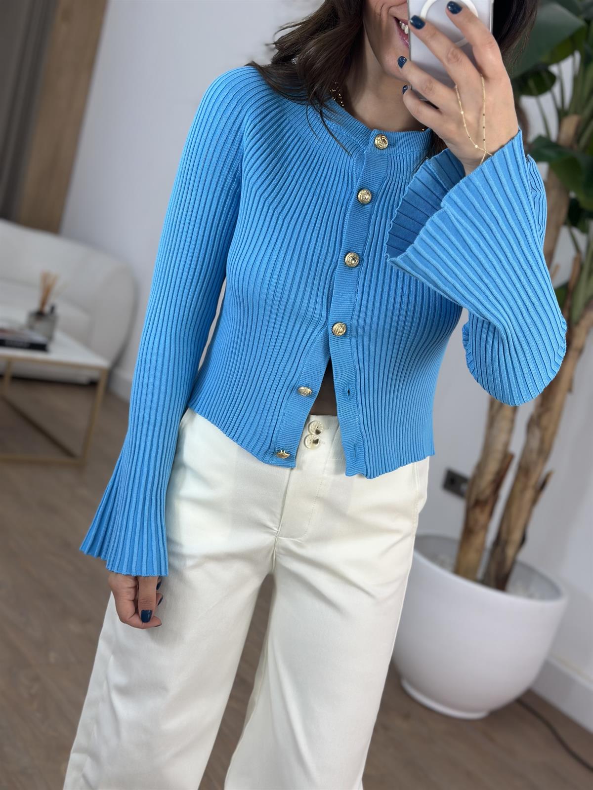 Bisiklet Yaka Düğmeli İspanyol Kol Triko Hırka - Mavi