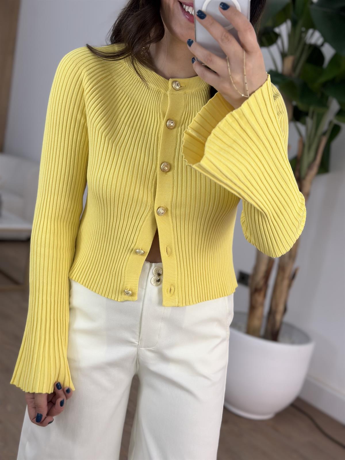 Bisiklet Yaka Düğmeli İspanyol Kol Triko Hırka - Sarı