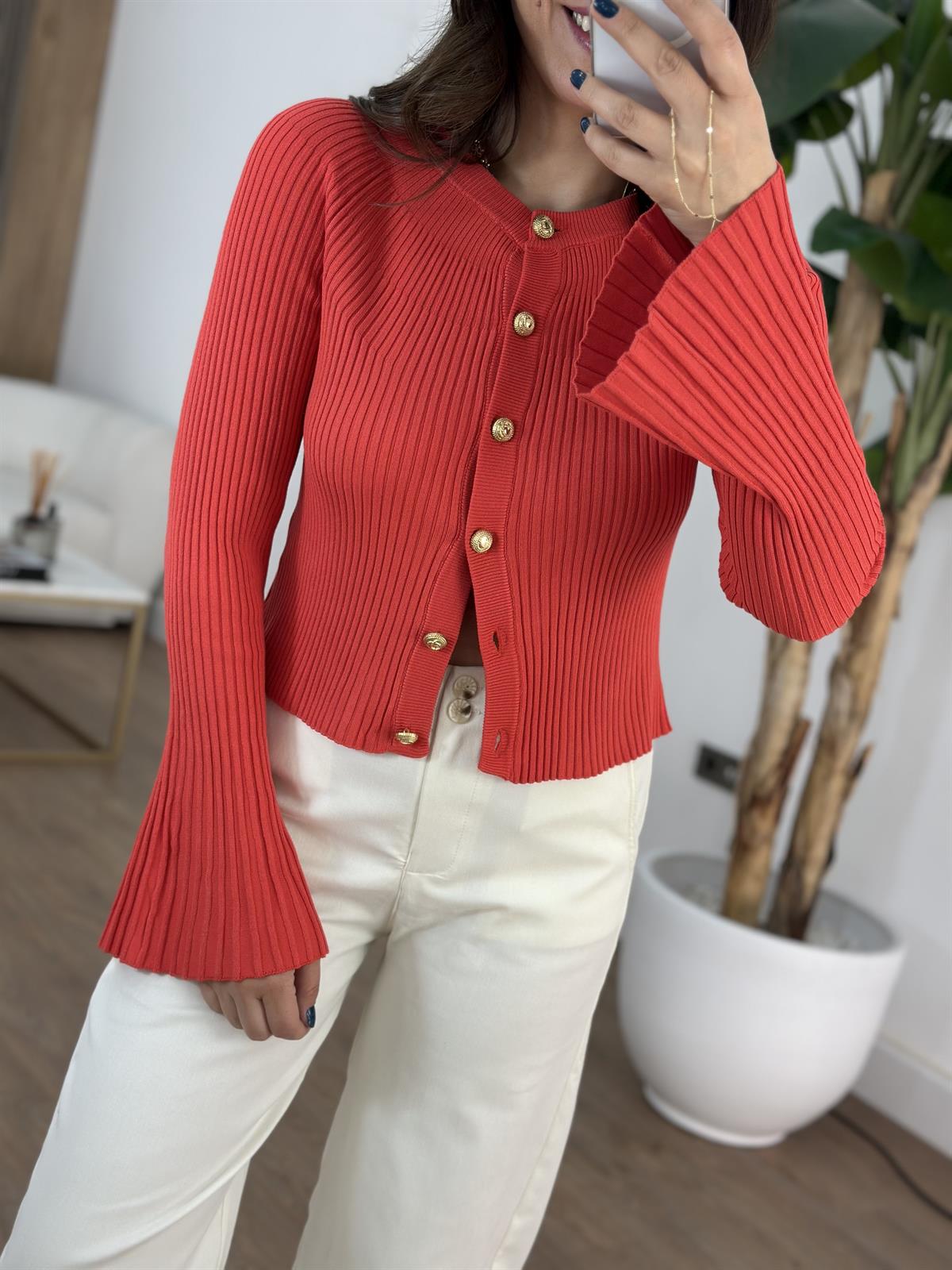 Bisiklet Yaka Düğmeli İspanyol Kol Triko Hırka - Kırmızı