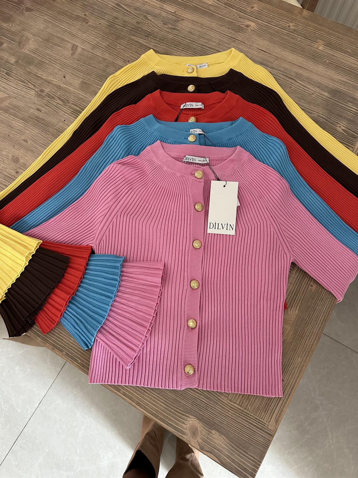 Bisiklet Yaka Düğmeli İspanyol Kol Triko Hırka - Sarı