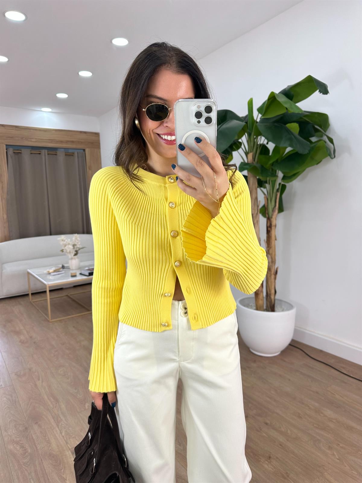 Bisiklet Yaka Düğmeli İspanyol Kol Triko Hırka - Sarı