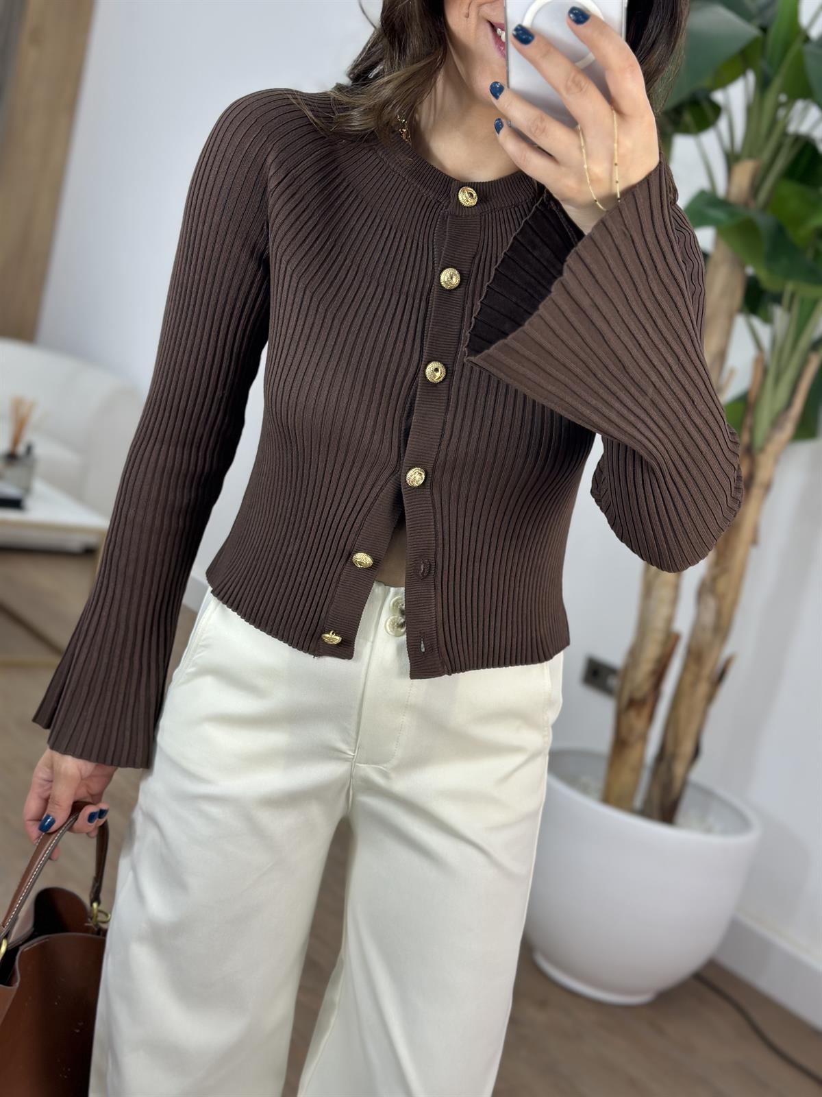 Bisiklet Yaka Düğmeli İspanyol Kol Triko Hırka - Kahverengi