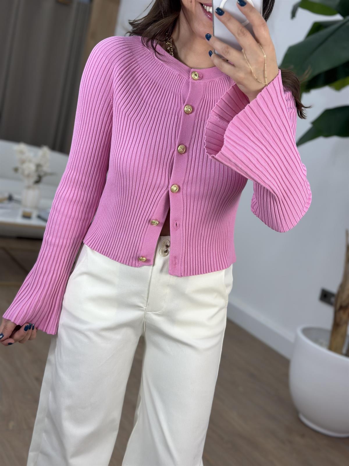 Bisiklet Yaka Düğmeli İspanyol Kol Triko Hırka - Pembe