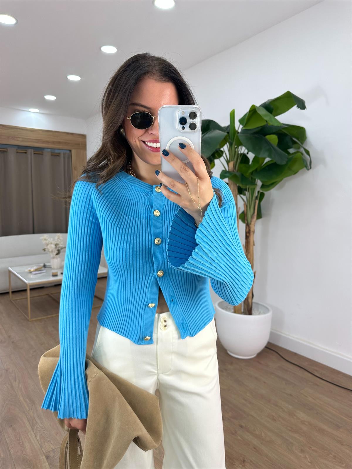 Bisiklet Yaka Düğmeli İspanyol Kol Triko Hırka - Mavi