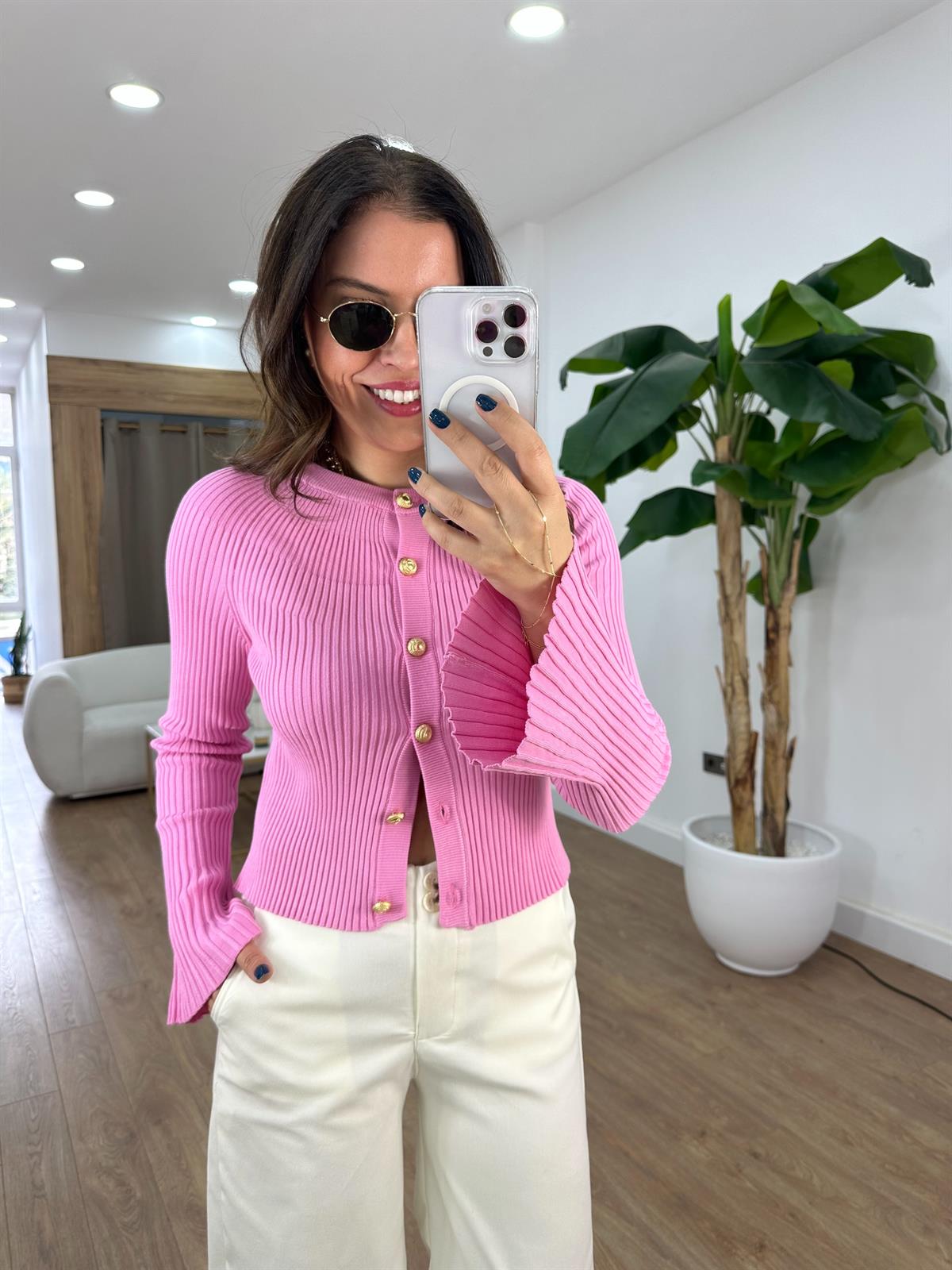 Bisiklet Yaka Düğmeli İspanyol Kol Triko Hırka - Pembe