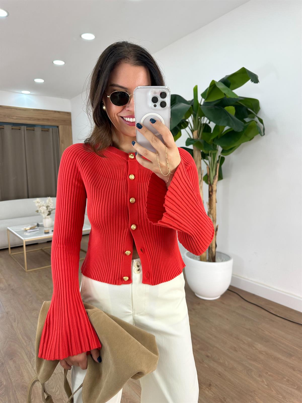 Bisiklet Yaka Düğmeli İspanyol Kol Triko Hırka - Kırmızı