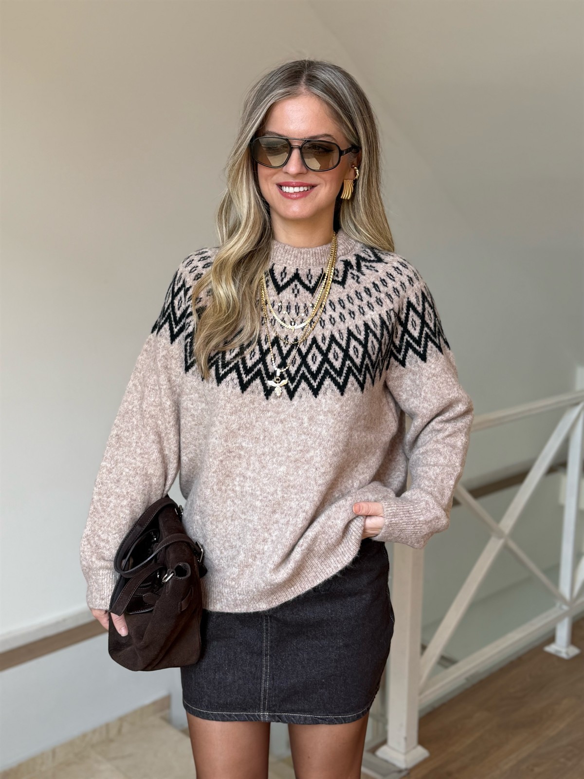 Bisiklet Yaka Etnik Desenli Kazak - Bej