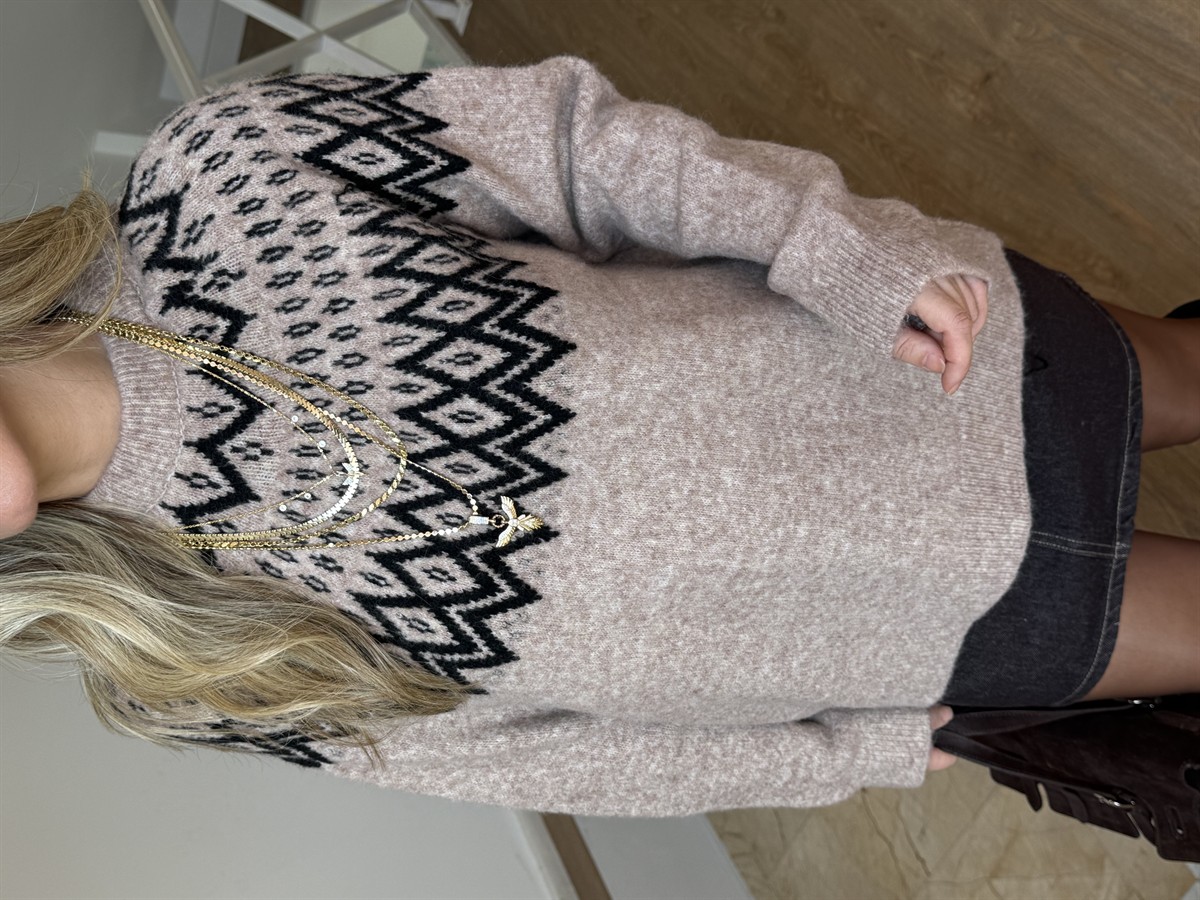 Bisiklet Yaka Etnik Desenli Kazak - Bej