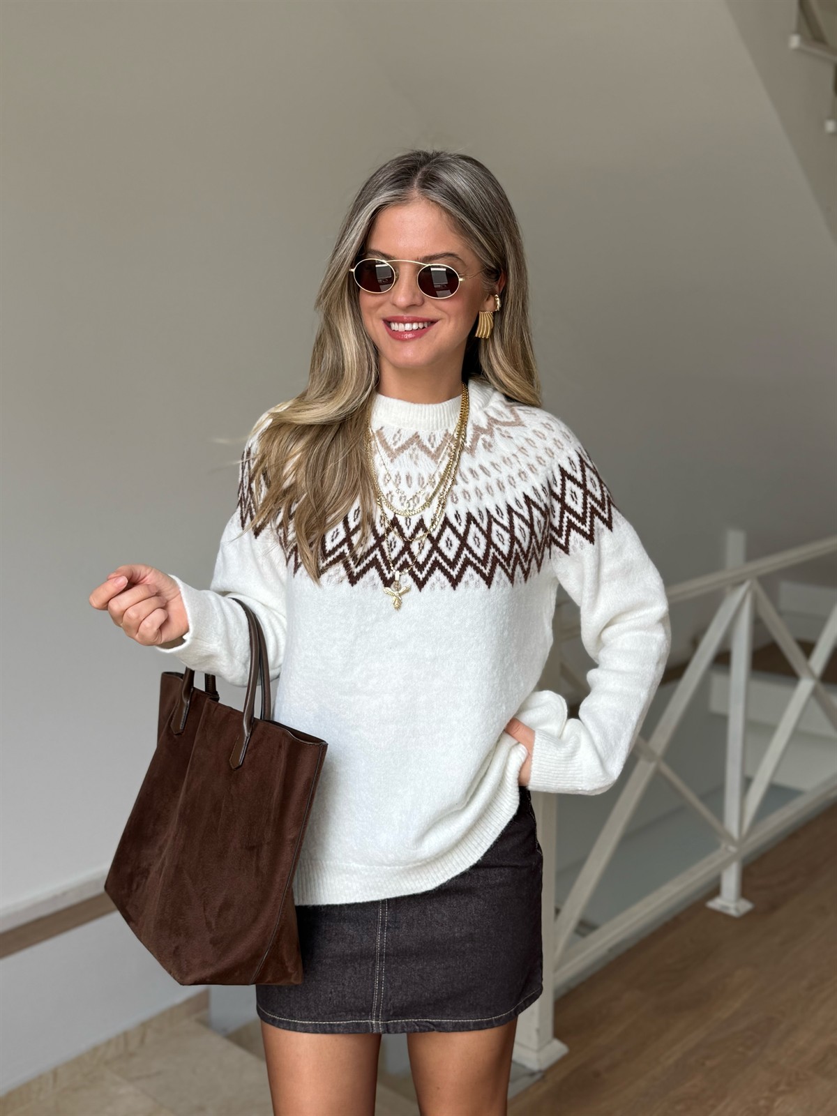 Bisiklet Yaka Etnik Desenli Kazak - Ekru