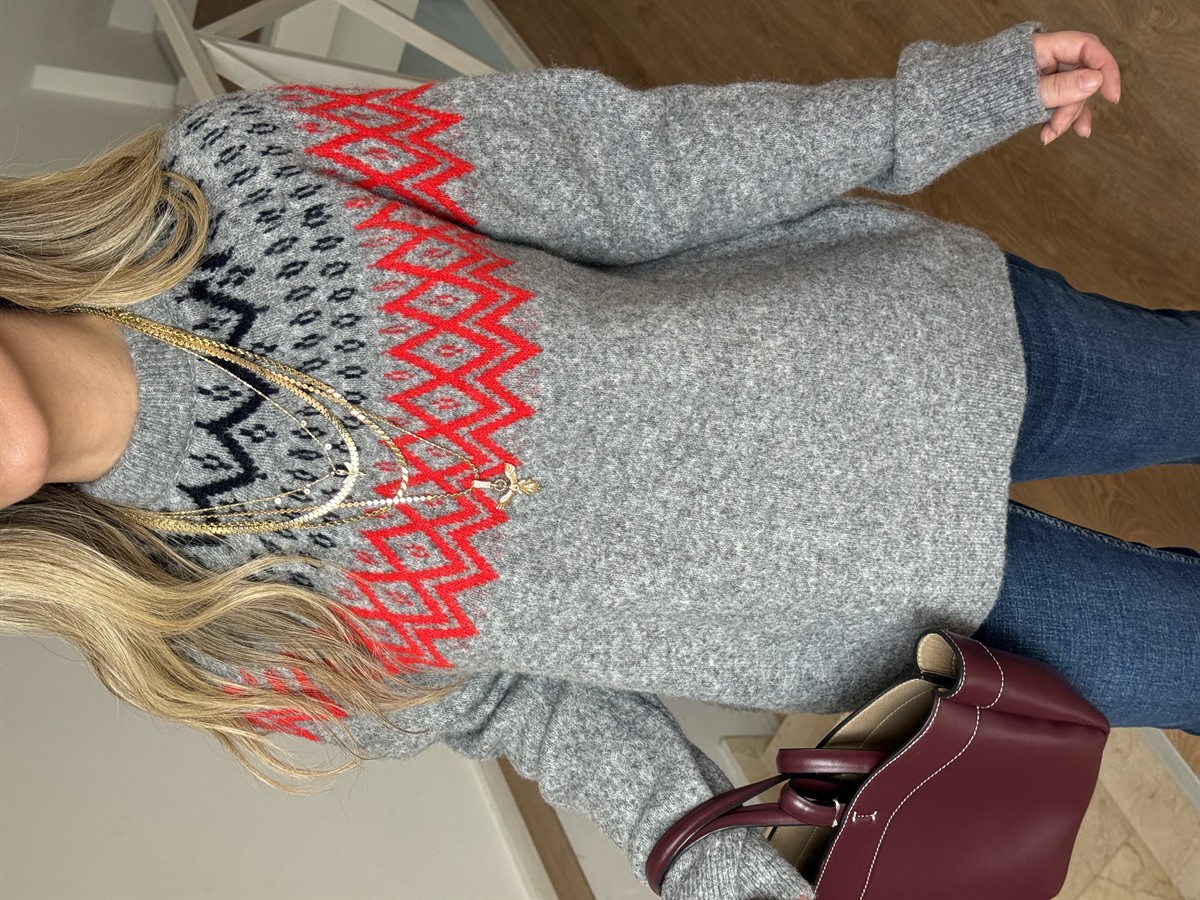 Bisiklet Yaka Etnik Desenli Kazak - Gri