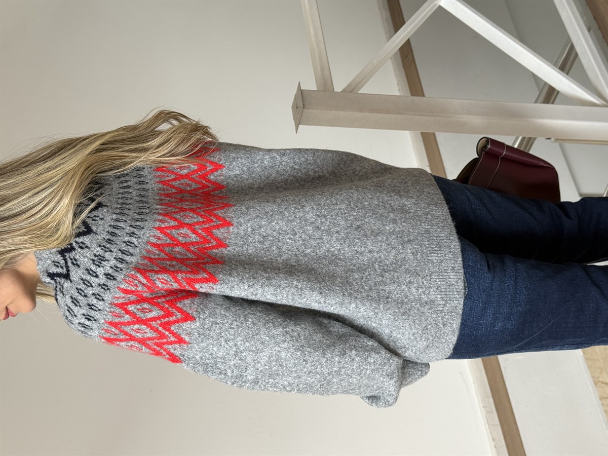 Bisiklet Yaka Etnik Desenli Kazak - Gri