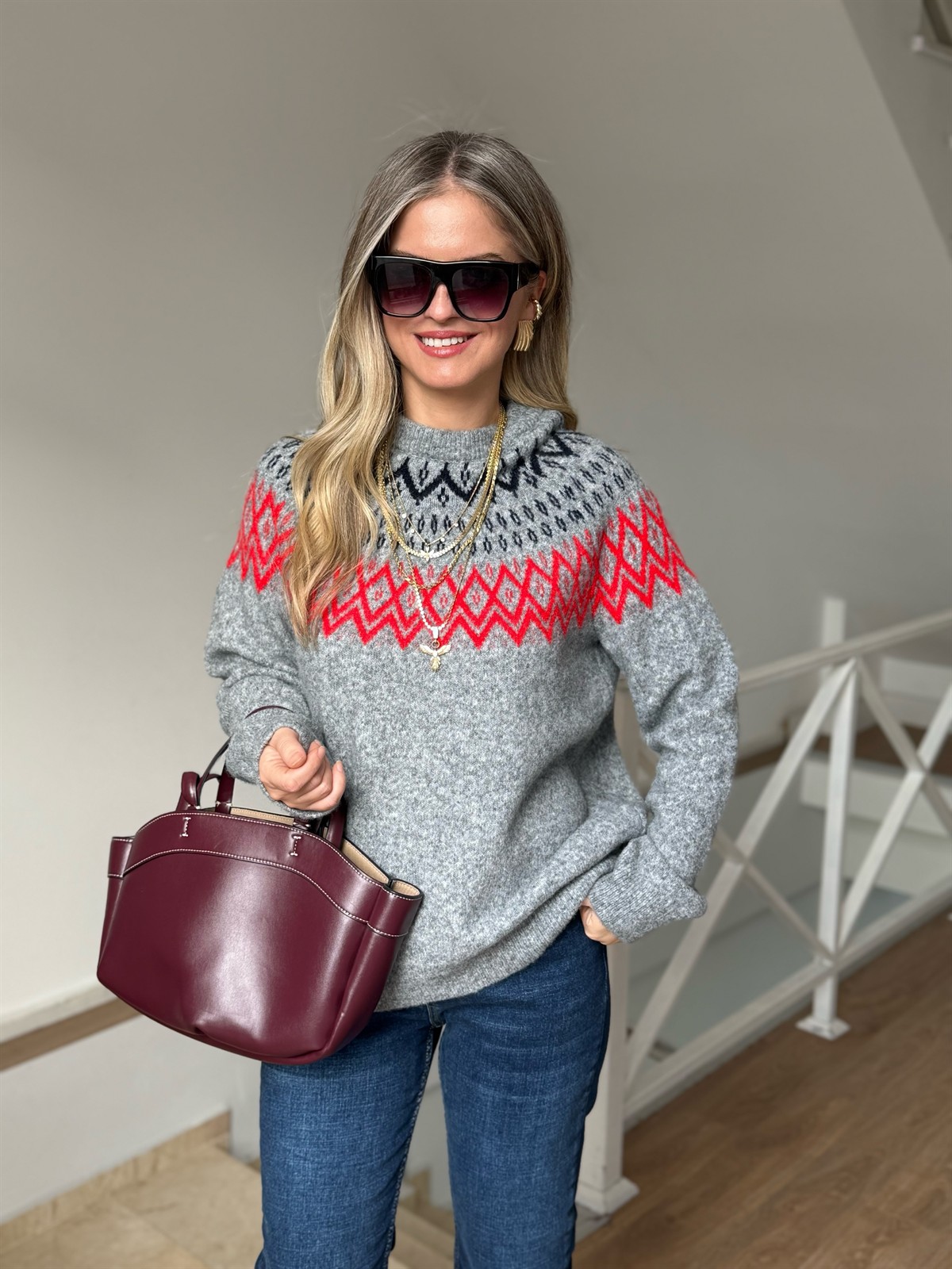 Bisiklet Yaka Etnik Desenli Kazak - Gri