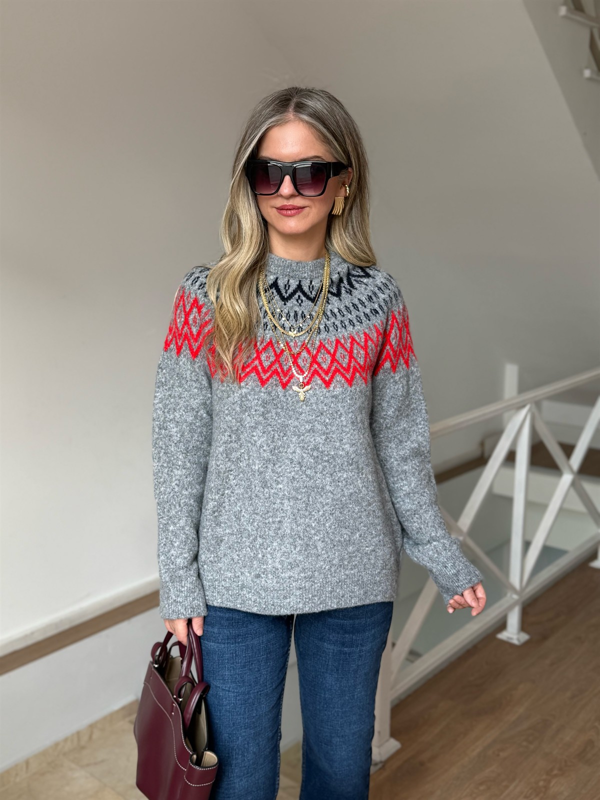 Bisiklet Yaka Etnik Desenli Kazak - Gri