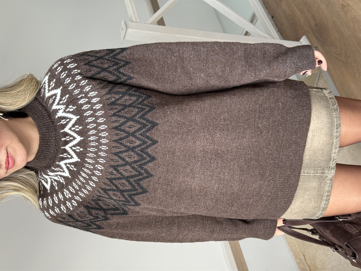 Bisiklet Yaka Etnik Desenli Kazak - Kahverengi