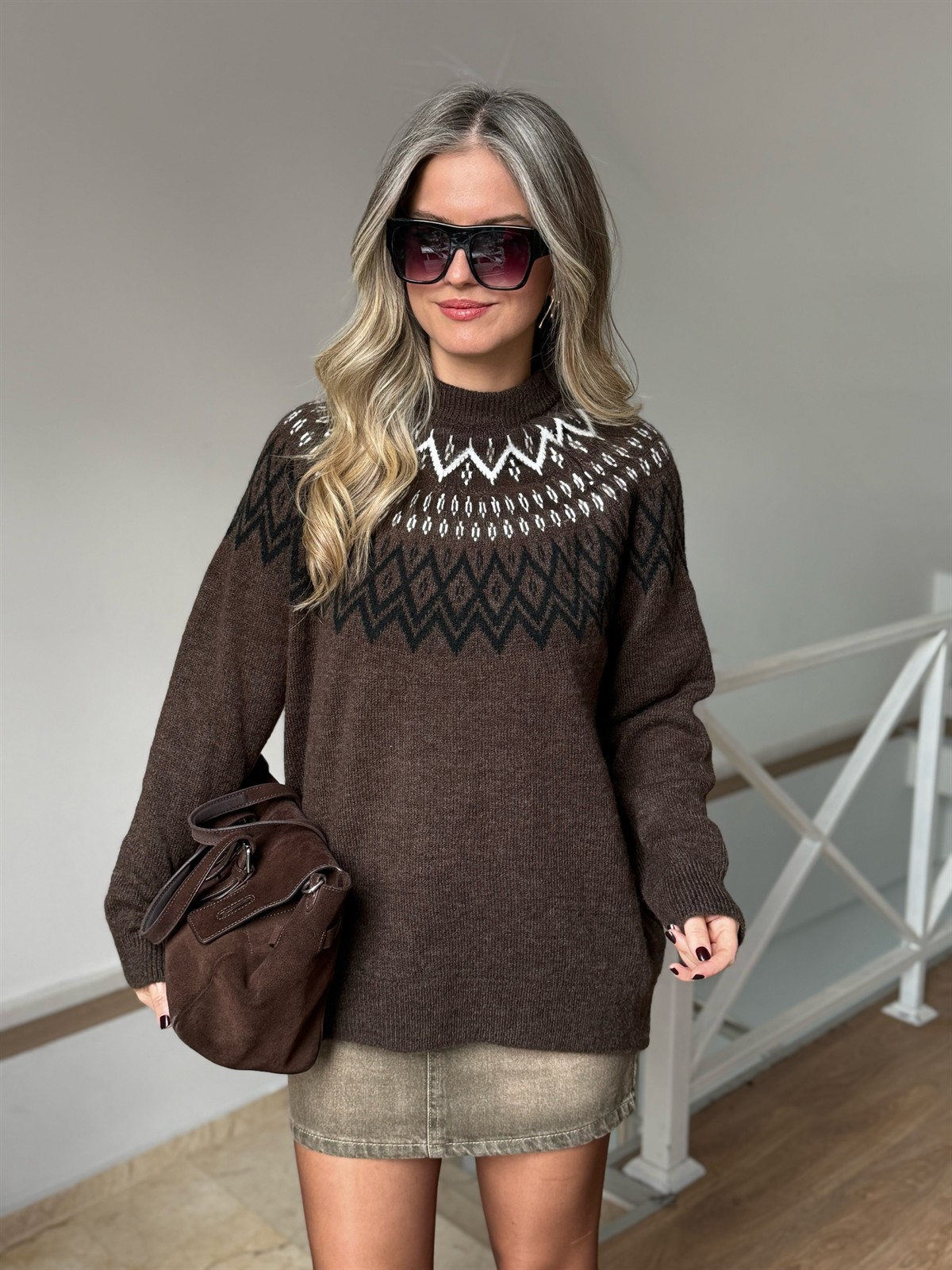 Bisiklet Yaka Etnik Desenli Kazak - Kahverengi