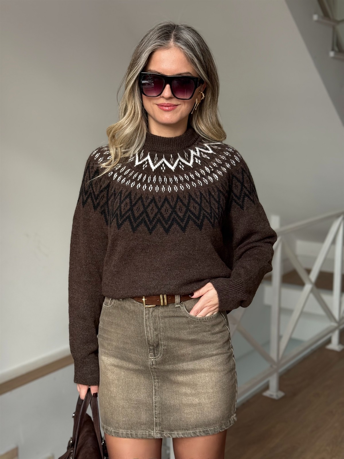 Bisiklet Yaka Etnik Desenli Kazak - Kahverengi