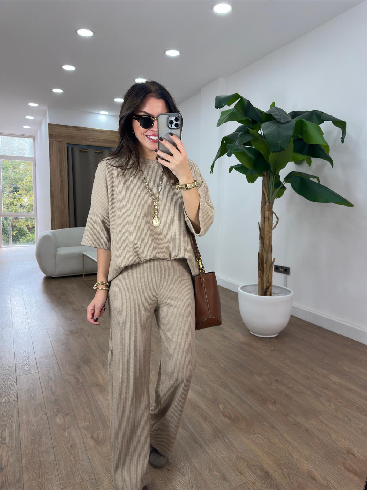 Bisiklet Yaka Fitili Salaş Takım - Bej