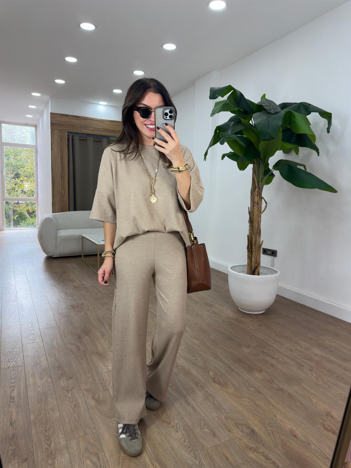 Bisiklet Yaka Fitili Salaş Takım - Bej